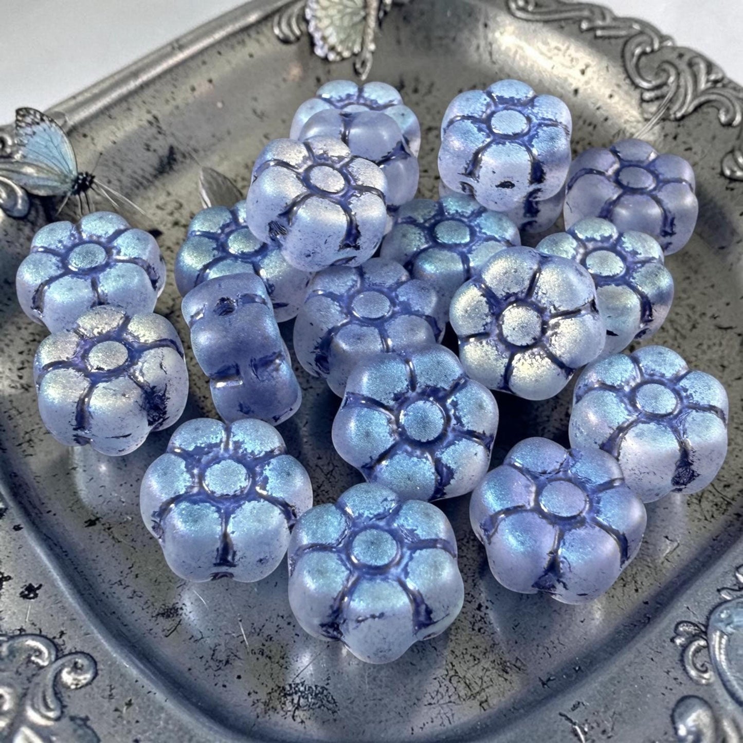 Czech Glass Beads - 8.5mm Sapphire Blue Flower with AB and Navy Blue Wash (PTB5) * Qty. 16