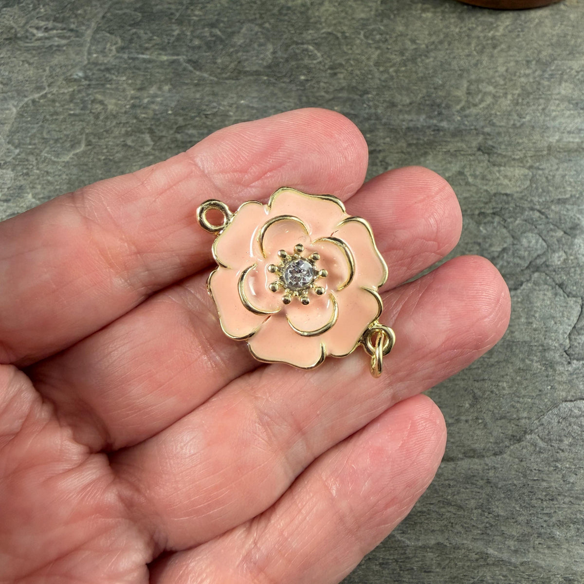 Enamel Floral Connector Links ~ Pale Peachy Pink and Gold 25x34mm Connector with Rhinestone Center * Qty. 2