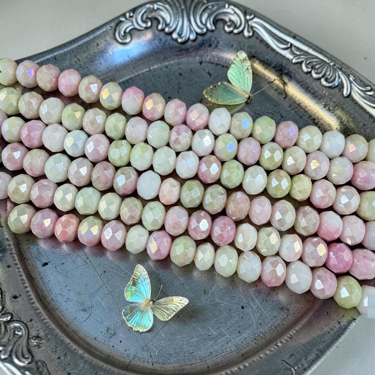 Pink, Green and White Variegated Glass Rondelles, 8x6mm Faceted Pale Green, Light Pink and White Glass Beads * Qty. 25
