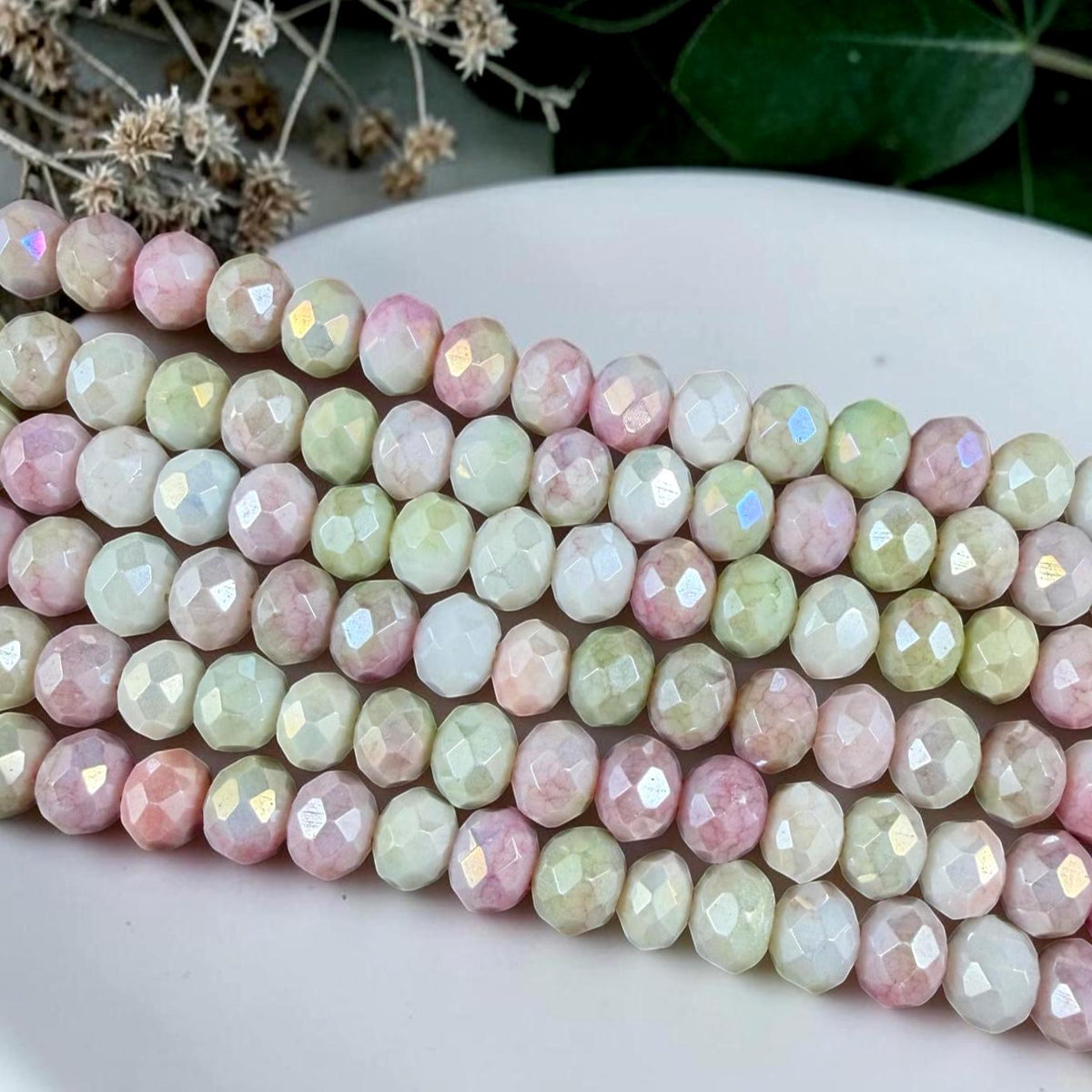 Pink, Green and White Variegated Glass Rondelles, 8x6mm Faceted Pale Green, Light Pink and White Glass Beads * Qty. 25
