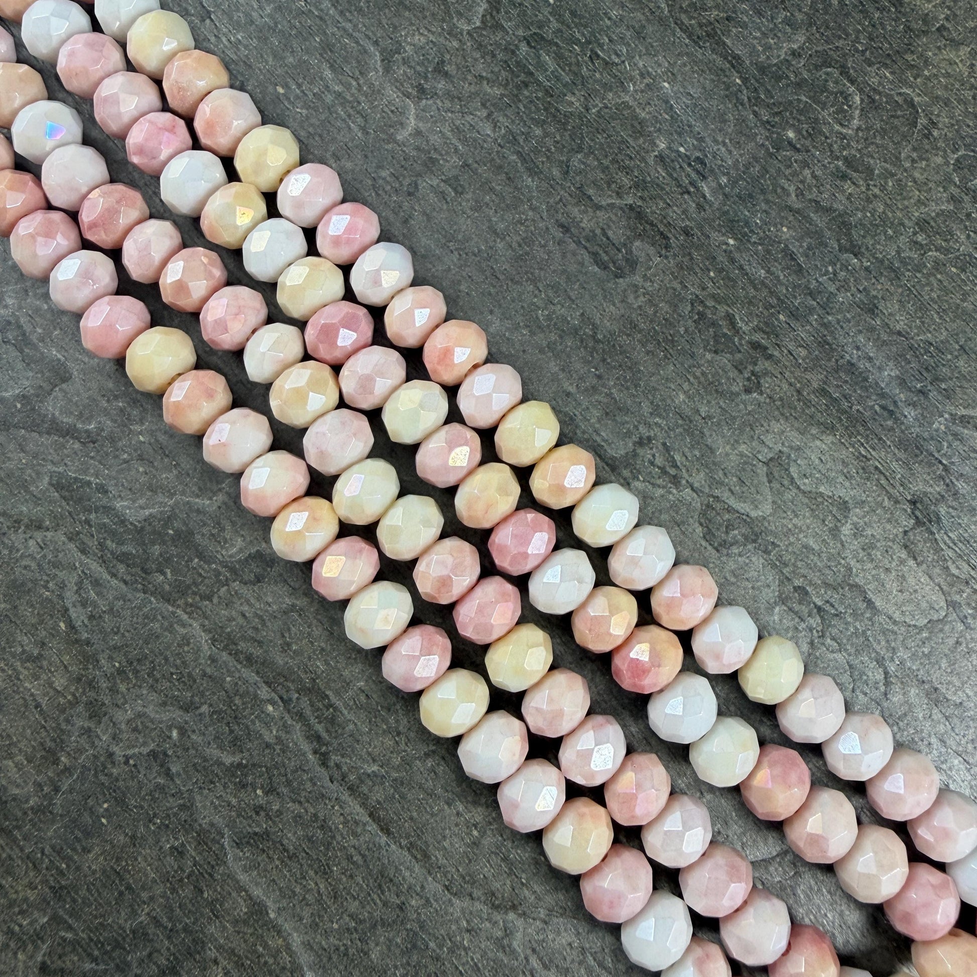 Pink, Yellow and White Variegated Glass Rondelles, 8x6mm Faceted Beads * Qty. 60