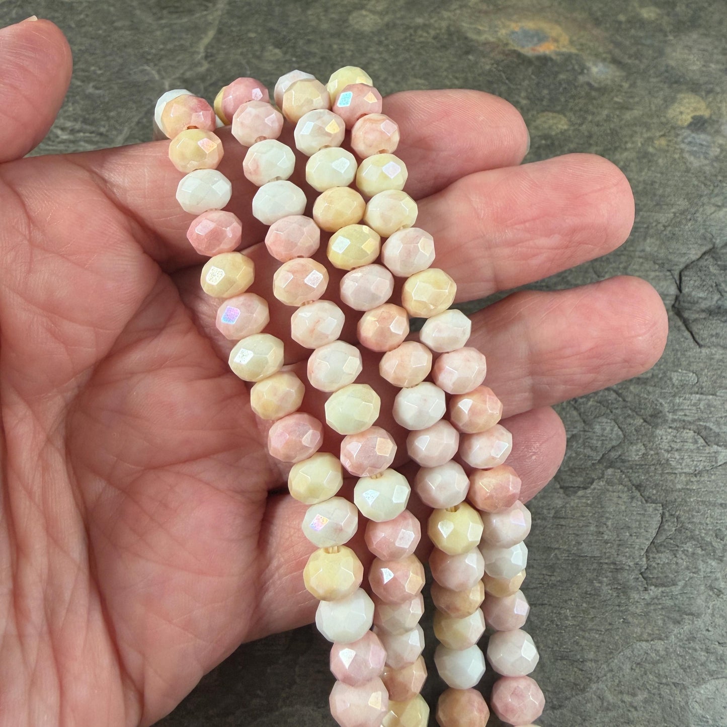 Pink, Yellow and White Variegated Glass Rondelles, 8x6mm Faceted Beads * Qty. 60
