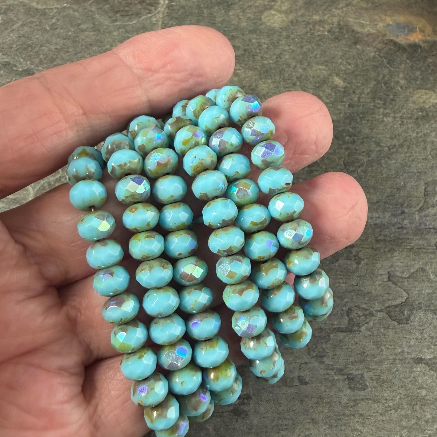 Czech Glass Beads - 7x5mm Faceted Rondelles, Sky Blue Picasso with AB Finish (R7/N-0378) * Qty. 25