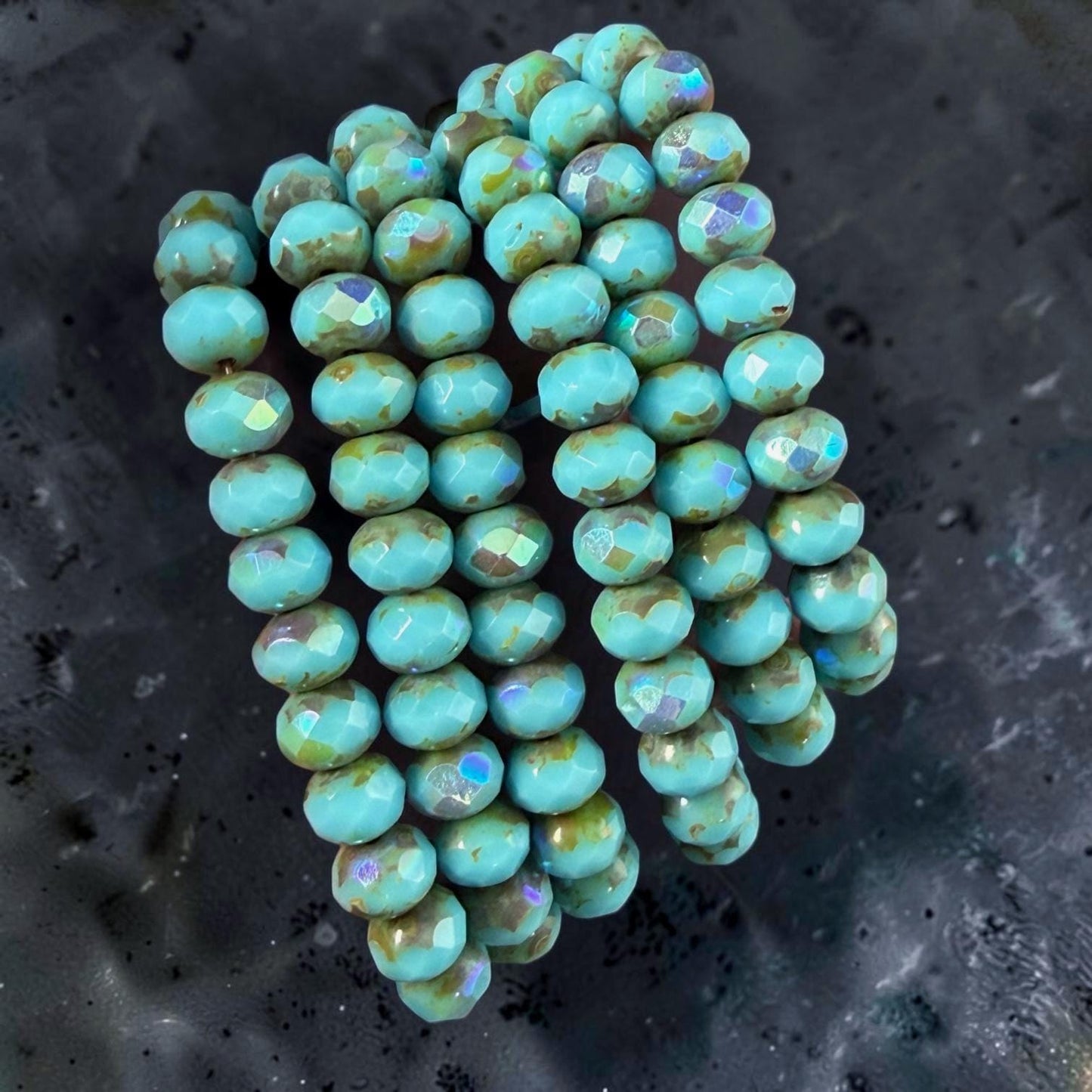 Czech Glass Beads - 7x5mm Faceted Rondelles, Sky Blue Picasso with AB Finish (R7/N-0378) * Qty. 25