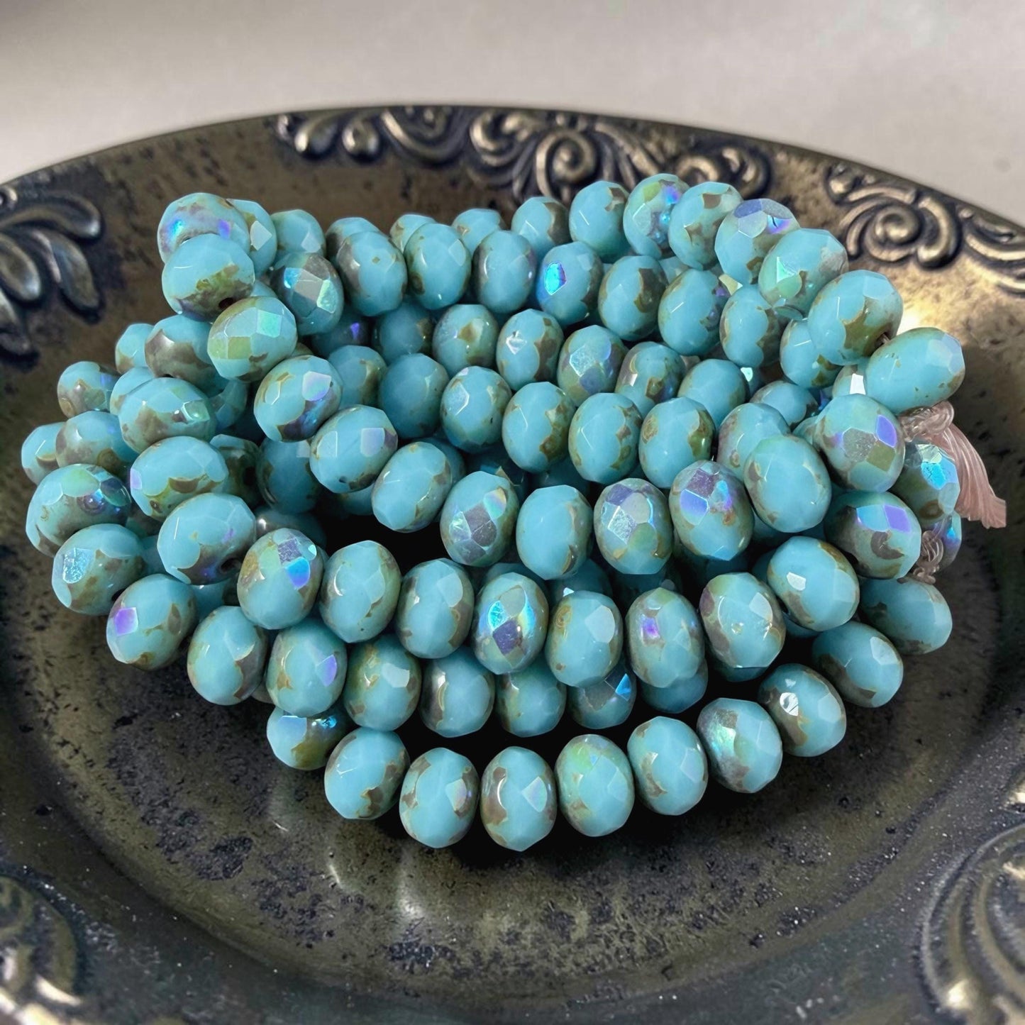 Czech Glass Beads - 7x5mm Faceted Rondelles, Sky Blue Picasso with AB Finish (R7/N-0378) * Qty. 25