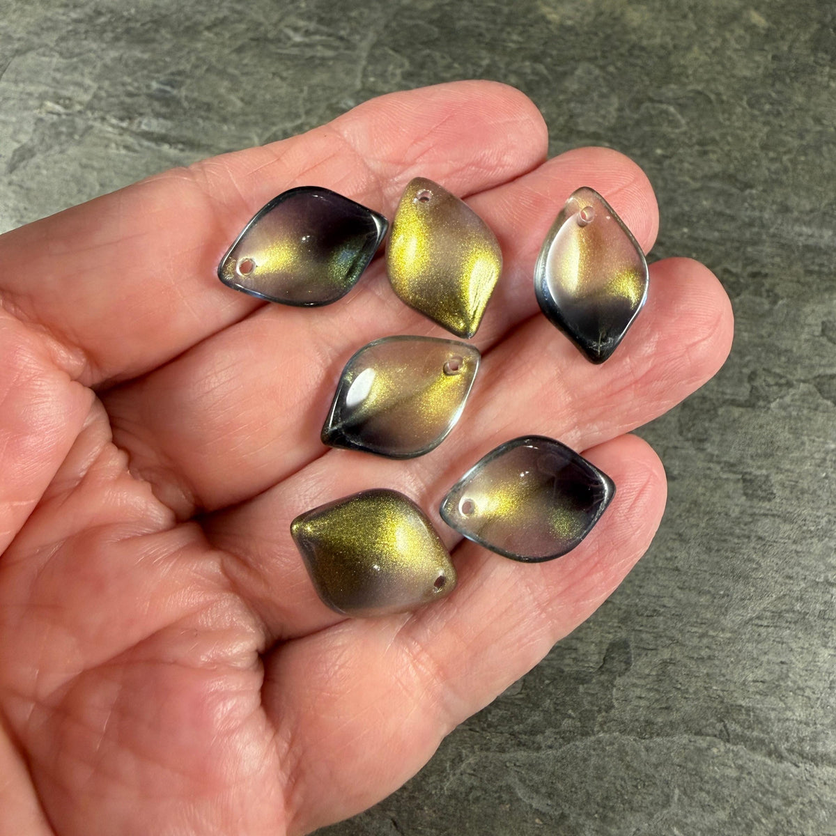 Black and Gold Glass Petal or Leaf Bead, 19x13mm Concave Oval (COL-102) * 10 Beads