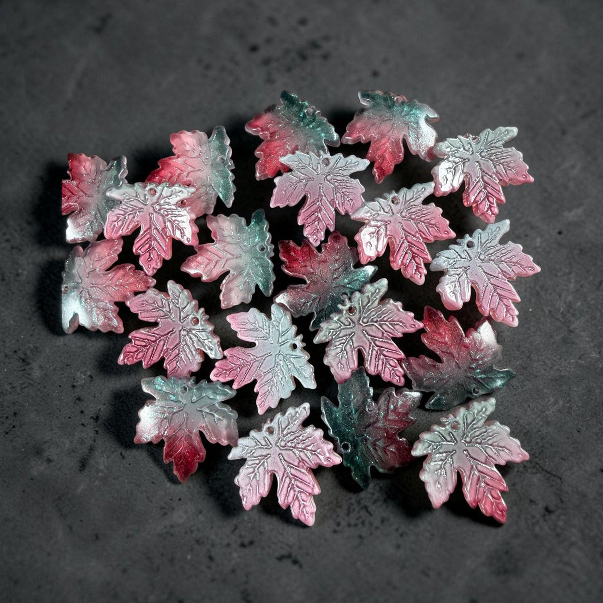 Teal and Fuchsia Glass Leaf Beads - 19.5mm Top Drilled Maple Leaf Shape (ML19-819) * 10 Beads
