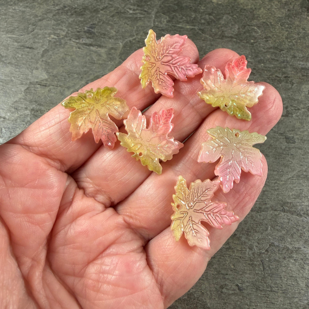 Pink and Green Glass Leaf Beads - 19.5mm Top Drilled Maple Leaf Shape (ML19-817) * 10 Beads