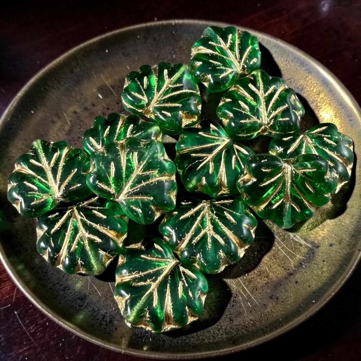 Czech Glass - 10x13mm Maple Leaf Beads, Transparent Green with Gold Wash (P-50700) * Qty. 10