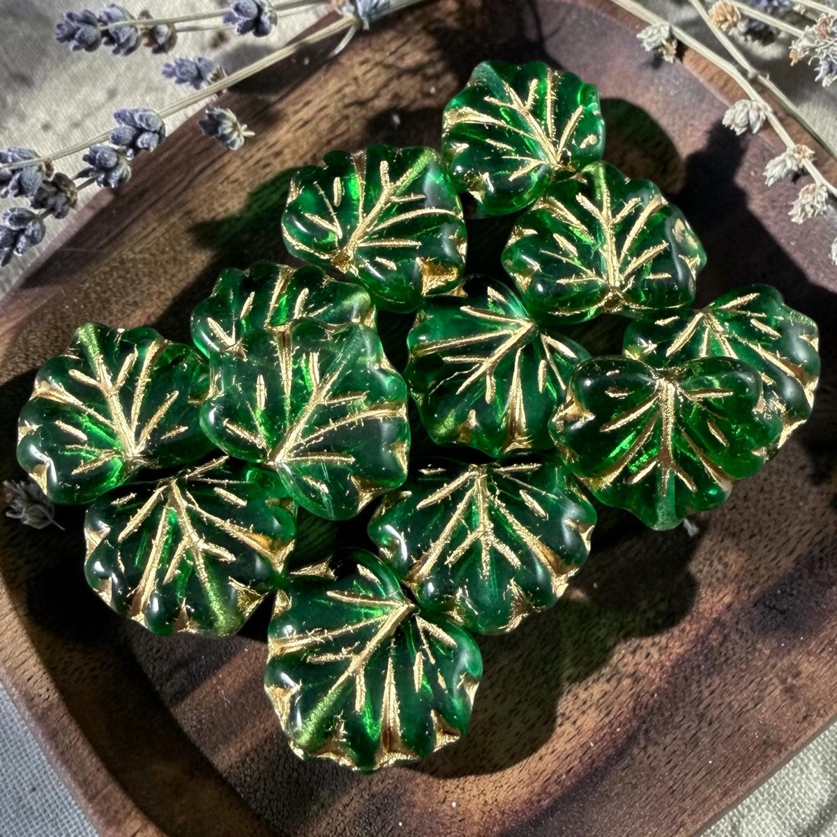 Czech Glass - 10x13mm Maple Leaf Beads, Transparent Green with Gold Wash (P-50700) * Qty. 10