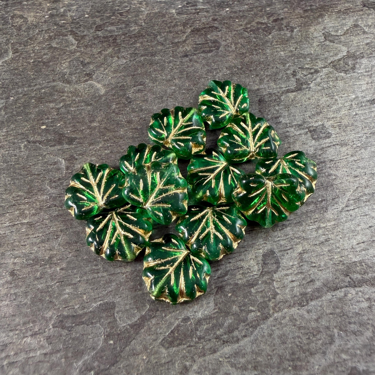 Czech Glass - 10x13mm Maple Leaf Beads, Transparent Green with Gold Wash (P-50700) * Qty. 10