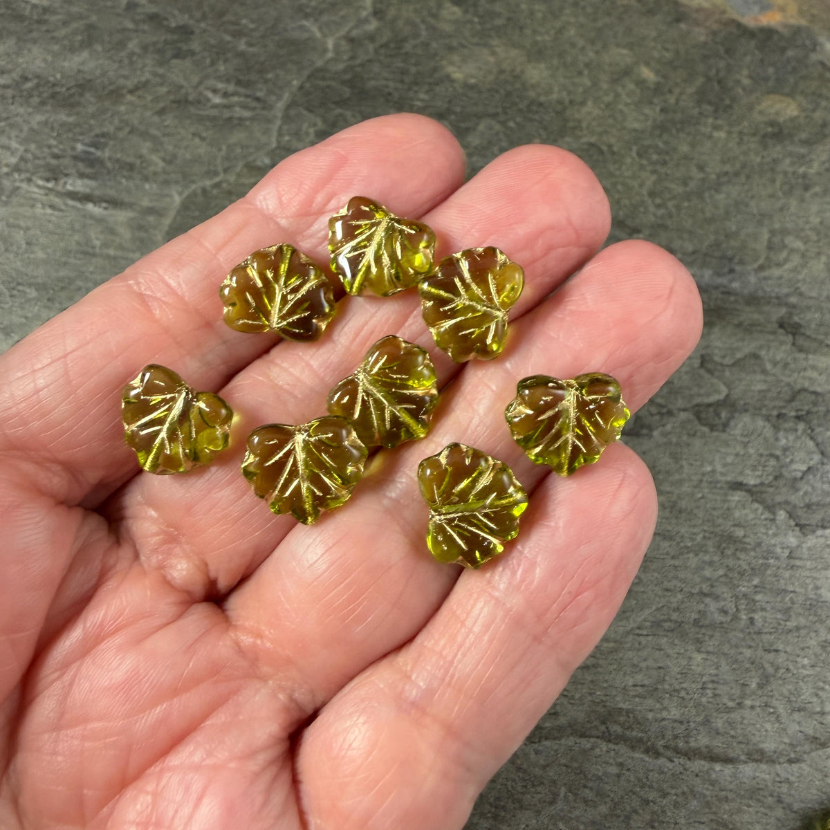 Czech Glass - 10x13mm Maple Leaf Beads, Olive Green with Gold Wash (P-50200) * Qty. 10