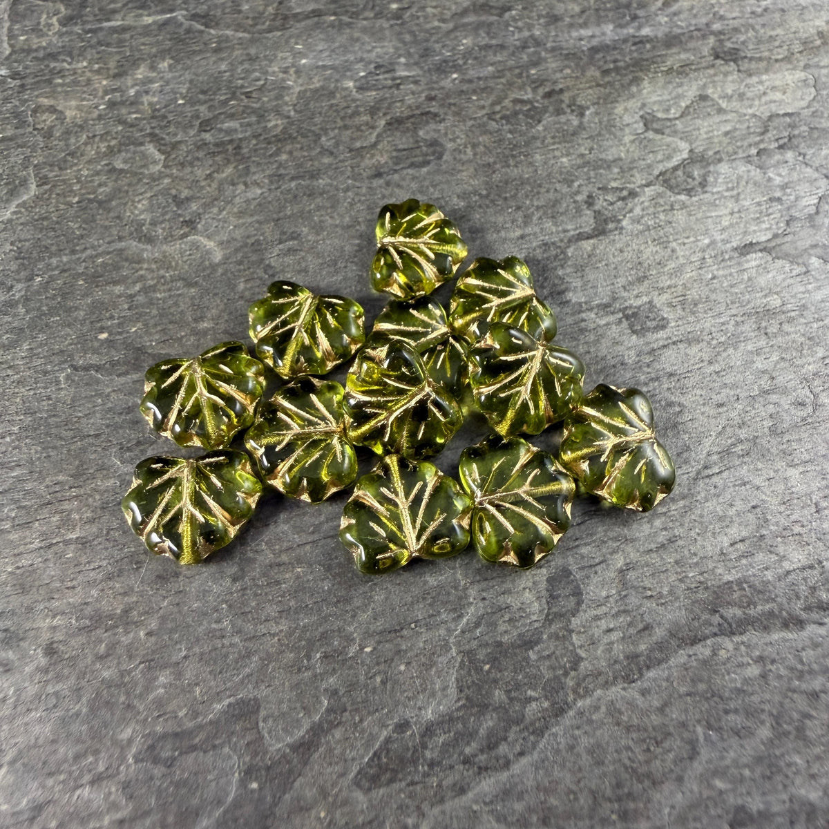 Czech Glass - 10x13mm Maple Leaf Beads, Olive Green with Gold Wash (P-50200) * Qty. 10