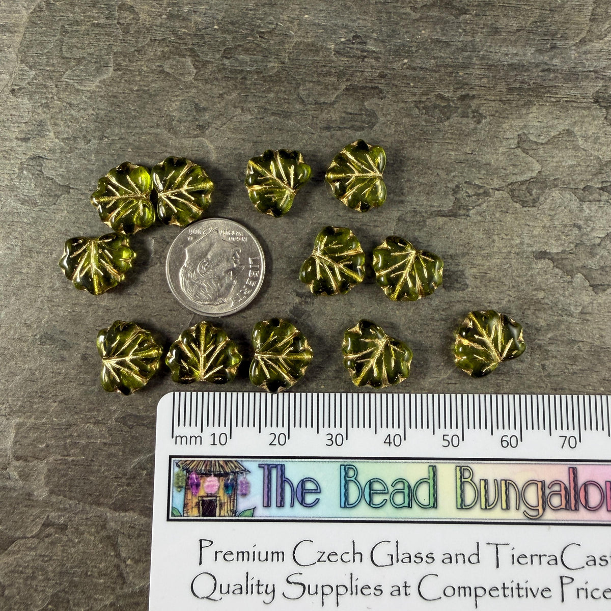 Czech Glass - 10x13mm Maple Leaf Beads, Olive Green with Gold Wash (P-50200) * Qty. 10