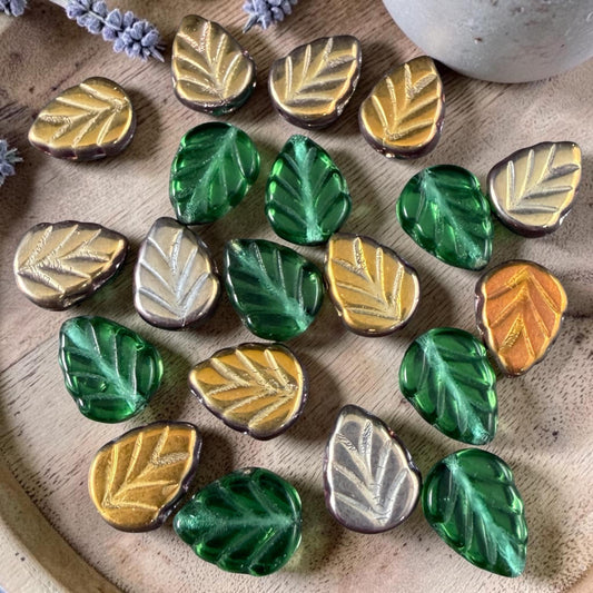 Green Leaf with Metallic Gold and Bronze Half Coat, 10x8mm Mint Leaf Czech Glass Beads (ML-50600) * Qty. 16