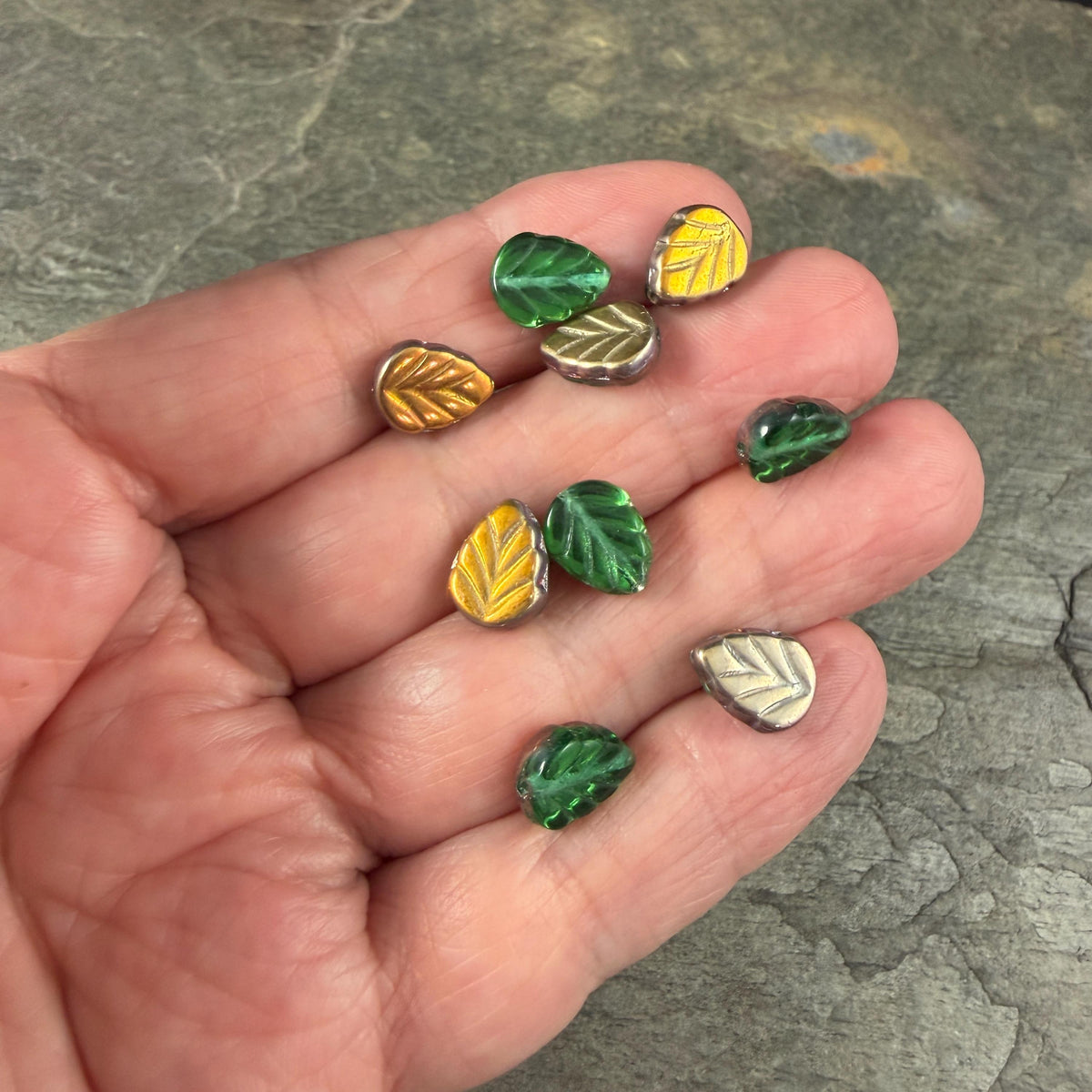 Green Leaf with Metallic Gold and Bronze Half Coat, 10x8mm Mint Leaf Czech Glass Beads (ML-50600) * Qty. 16