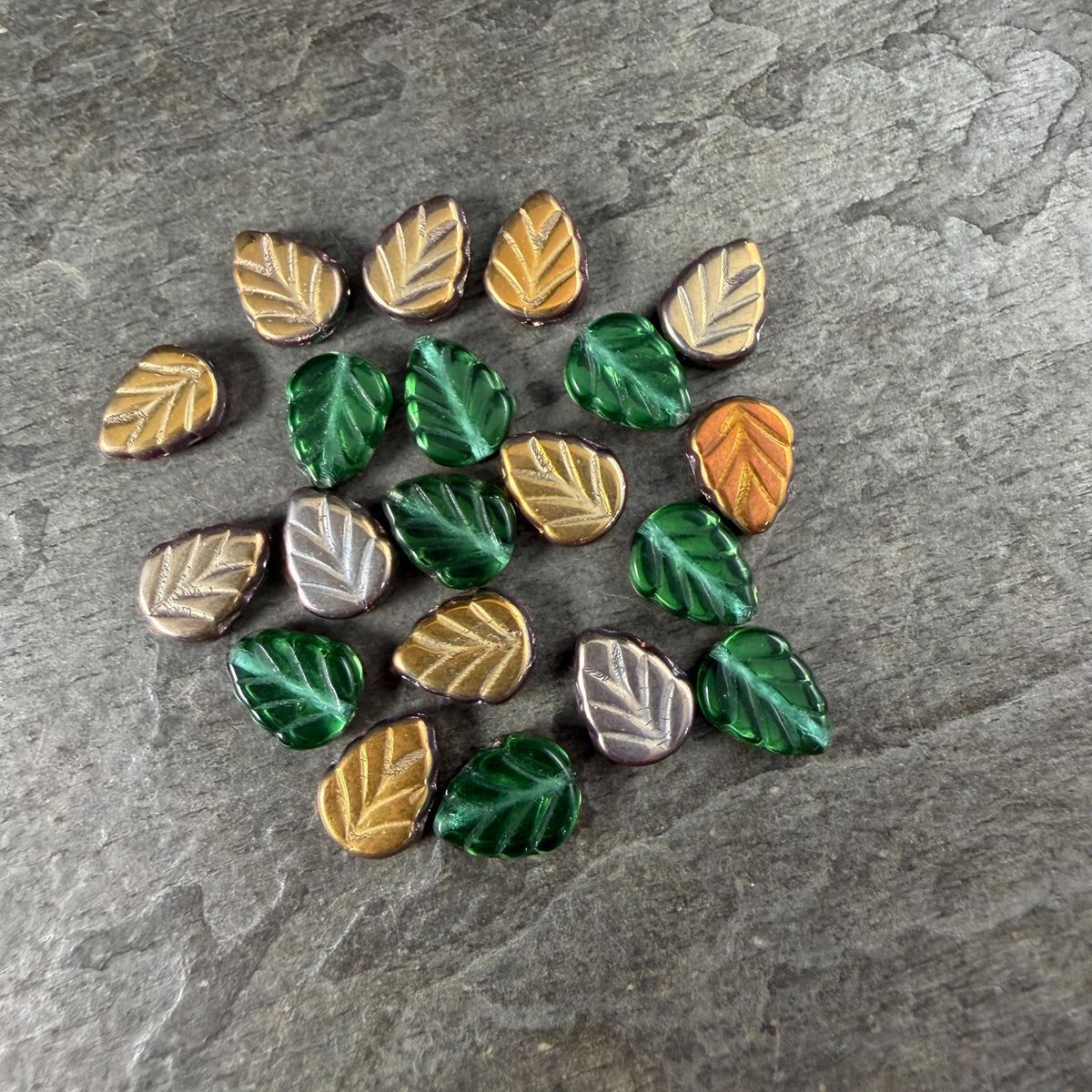 Green Leaf with Metallic Gold and Bronze Half Coat, 10x8mm Mint Leaf Czech Glass Beads (ML-50600) * Qty. 16