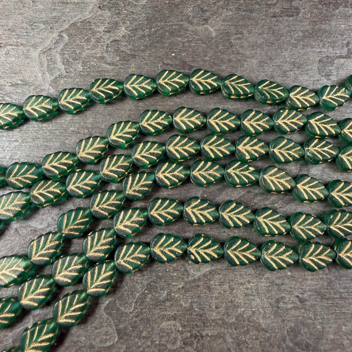 Czech Glass - 10x8mm Mint Leaf Bead, Matte Green with Gold Wash (Mint32) * Qty. 16