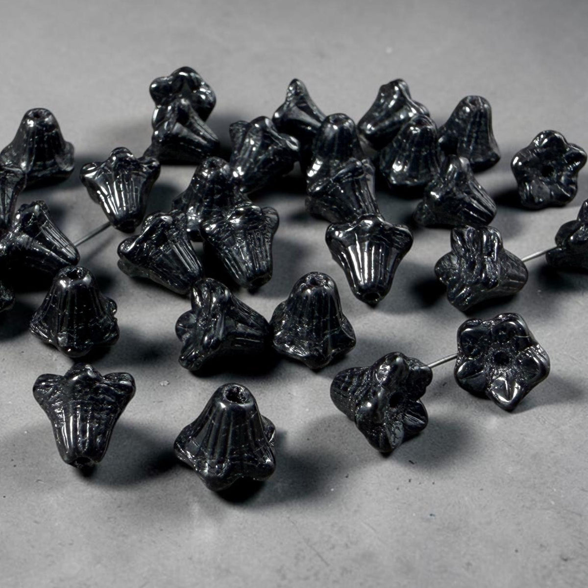 Czech Beads - 5x6mm Small Trumpet Bell Flower, Basic Black (FLO/N-0946) * 30 Beads