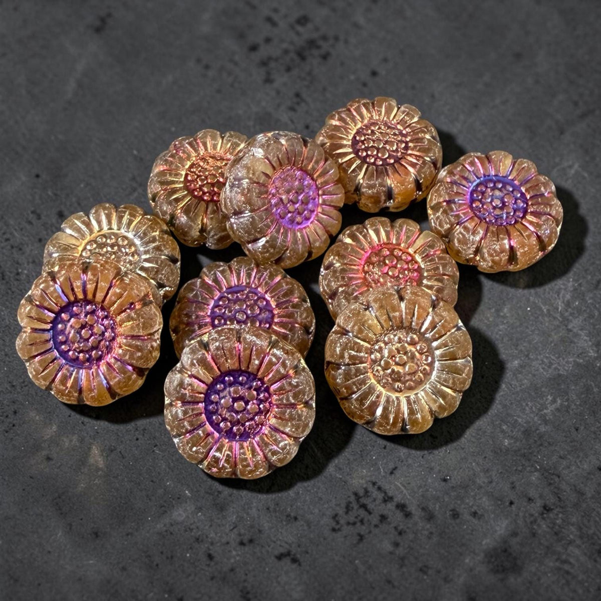 Czech Glass Beads - 13mm Sunflower Bead, Matte Topaz with Volcano Wash (SFW/N-0887) * Qty. 10