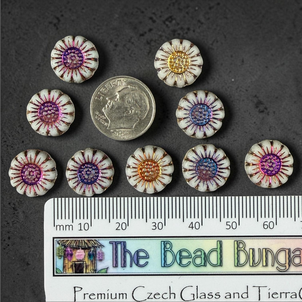 Czech Glass Beads - 13mm Sunflower Bead, Opaque White with Volcano Wash (SFW/N-0906) * Qty. 10