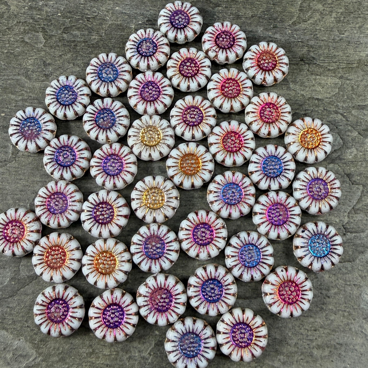 Czech Glass Beads - 13mm Sunflower Bead, Opaque White with Volcano Wash (SFW/N-0906) * Qty. 10