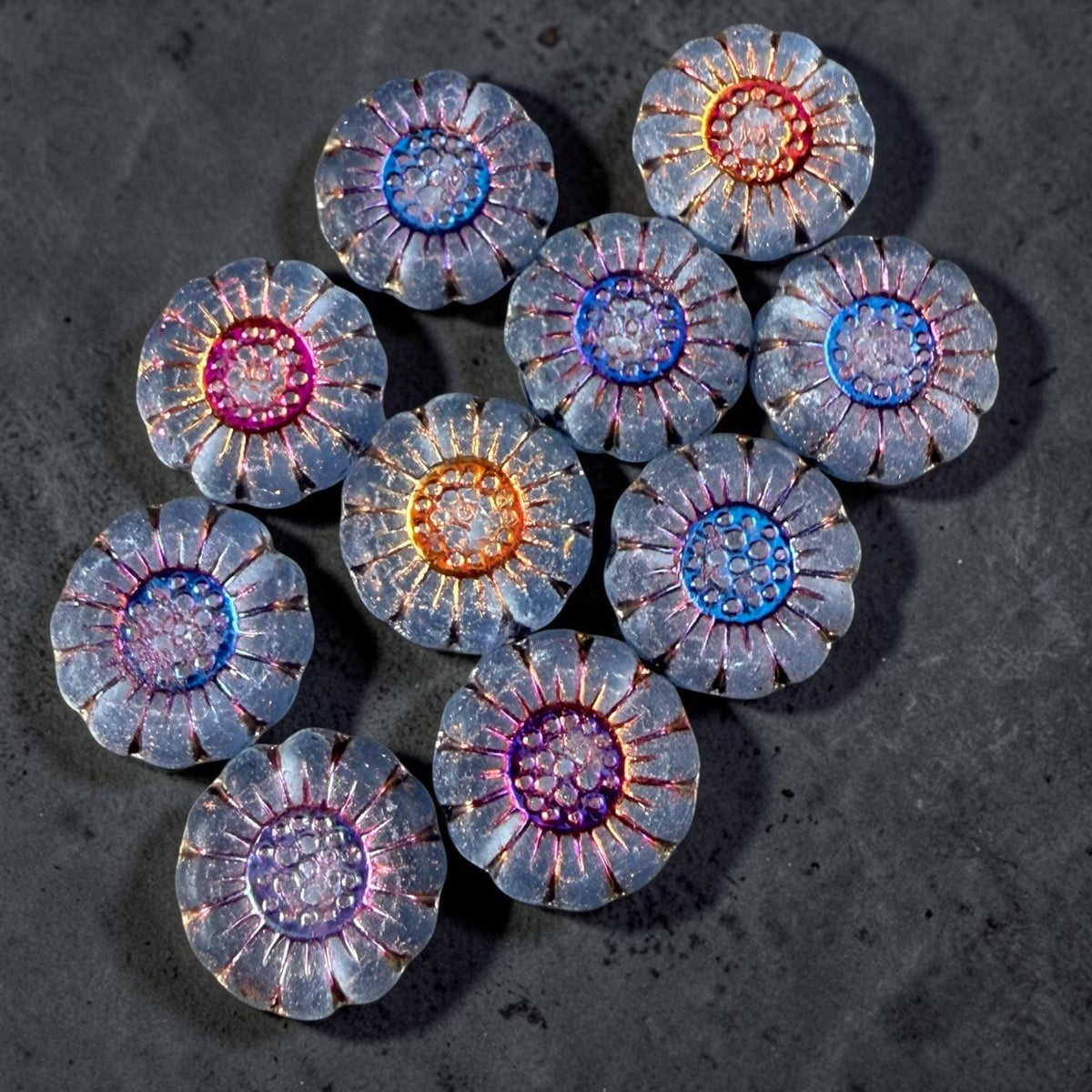 Czech Glass Beads - 13mm Sunflower Bead, Matte Sapphire with Volcano Wash (SFW/N-1273) * Qty. 10
