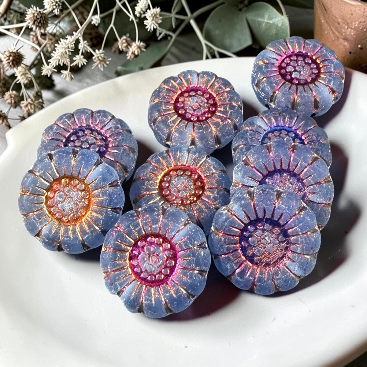 Czech Glass Beads - 13mm Sunflower Bead, Matte Sapphire with Volcano Wash (SFW/N-1273) * Qty. 10
