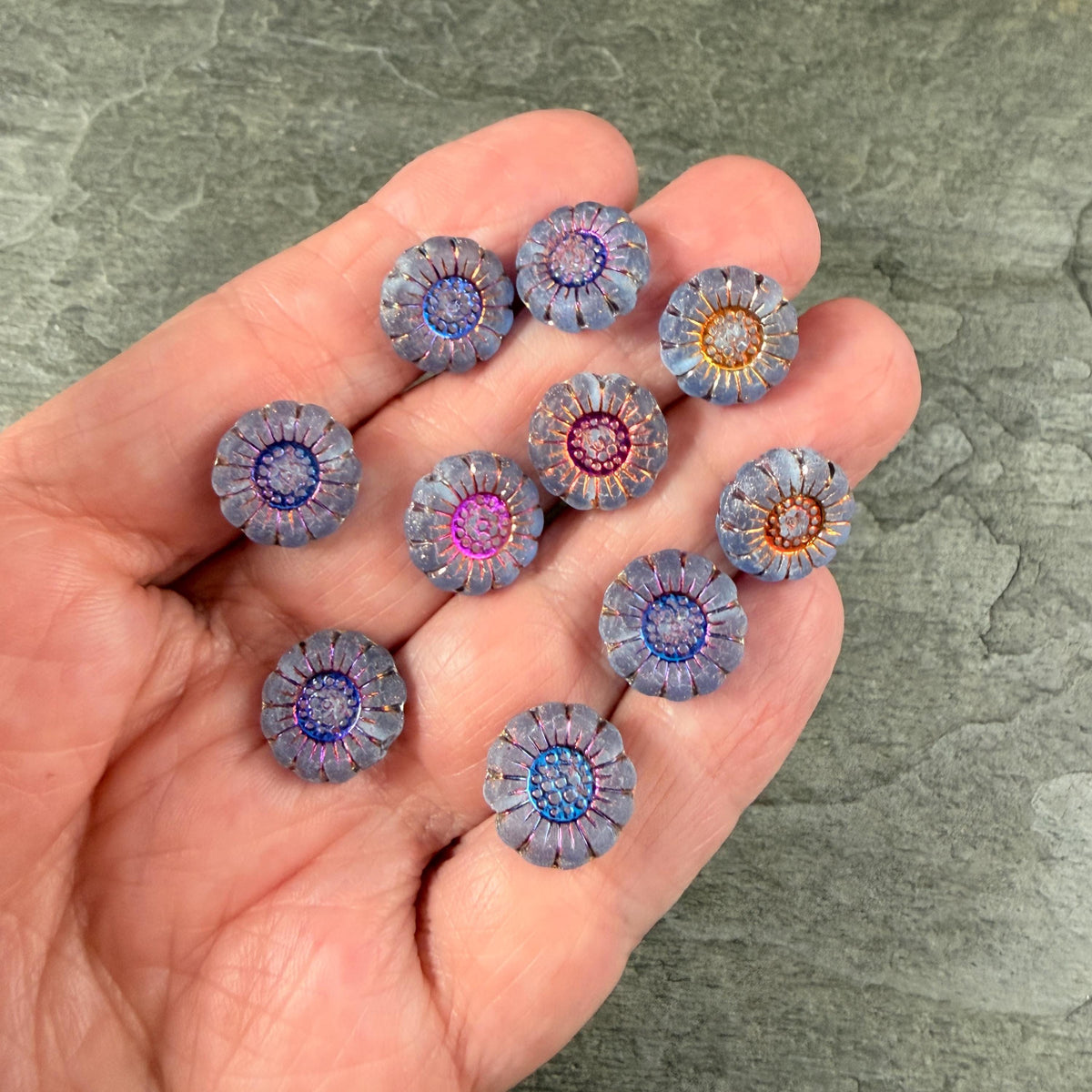 Czech Glass Beads - 13mm Sunflower Bead, Matte Sapphire with Volcano Wash (SFW/N-1273) * Qty. 10