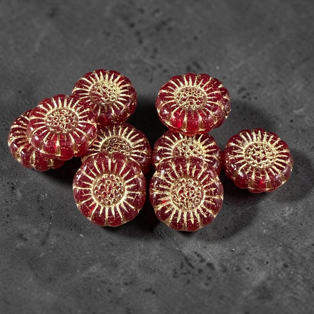 Czech Glass Beads - 13mm Sunflower Bead, Ruby Red with Gold Wash (SFW/N-0876) * Qty. 10