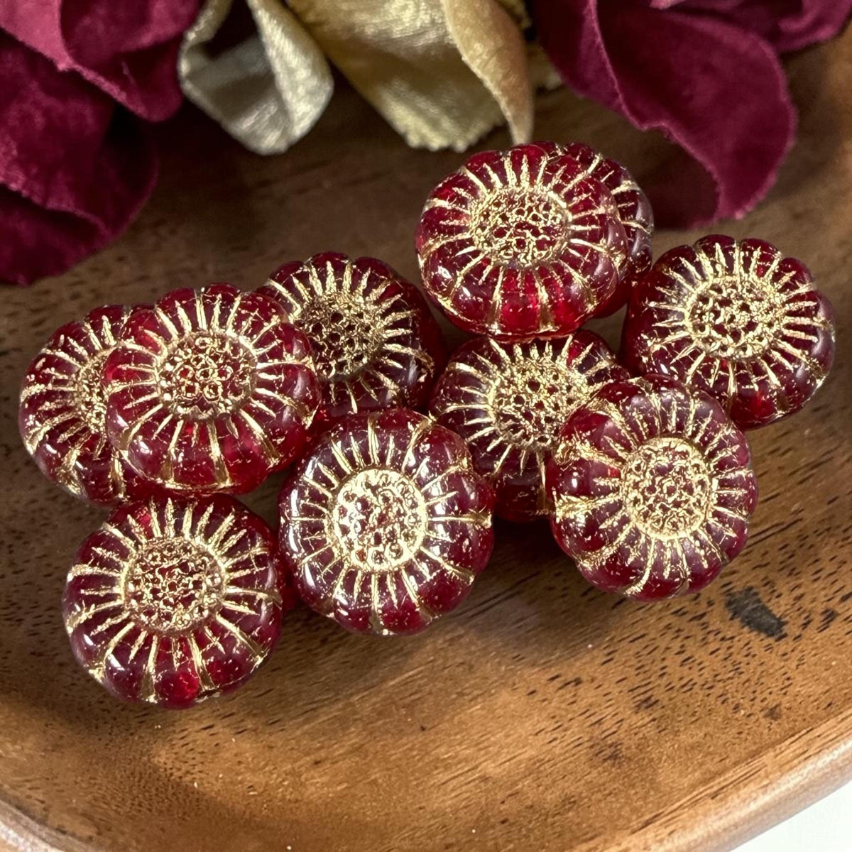 Czech Glass Beads - 13mm Sunflower Bead, Ruby Red with Gold Wash (SFW/N-0876) * Qty. 10