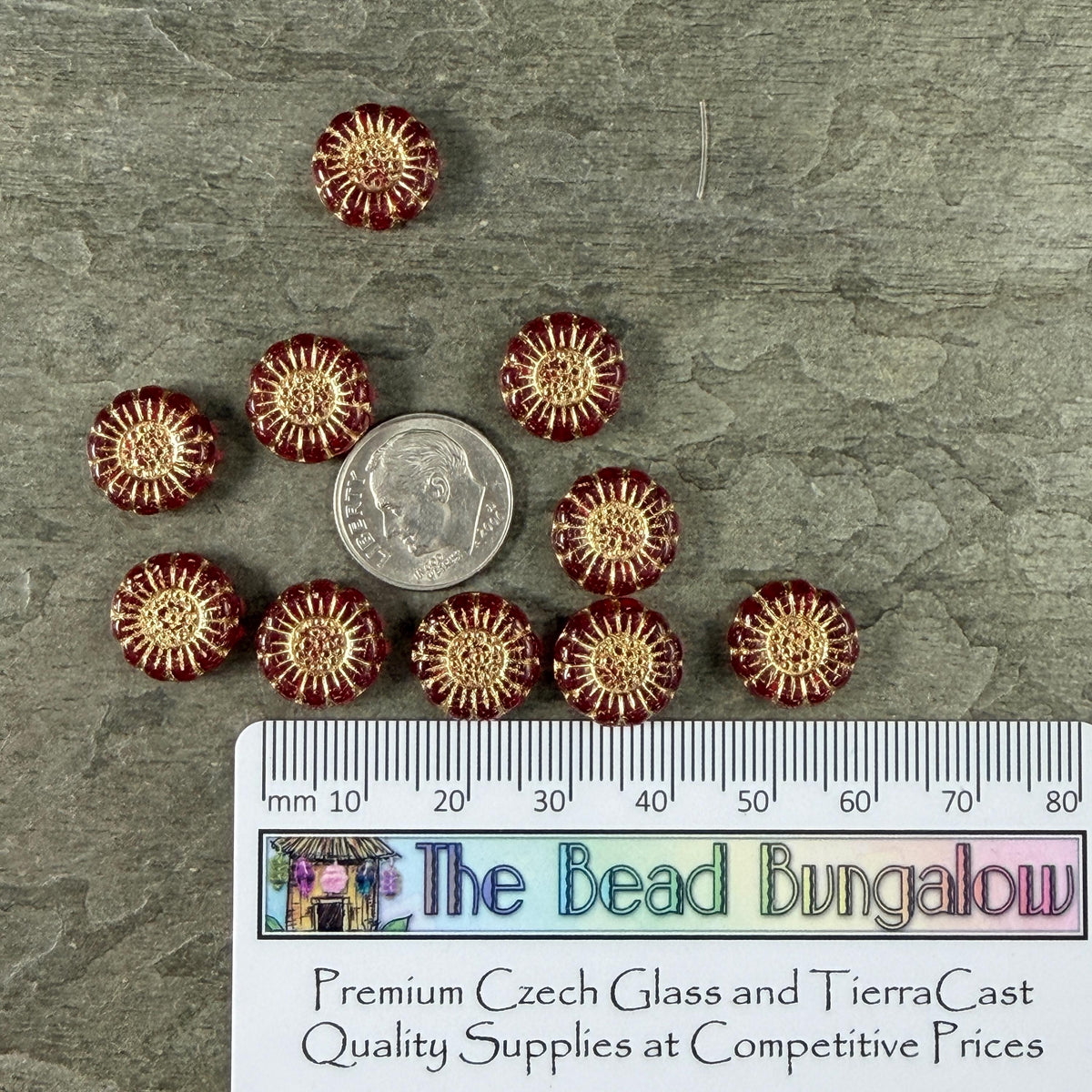 Czech Glass Beads - 13mm Sunflower Bead, Ruby Red with Gold Wash (SFW/N-0876) * Qty. 10