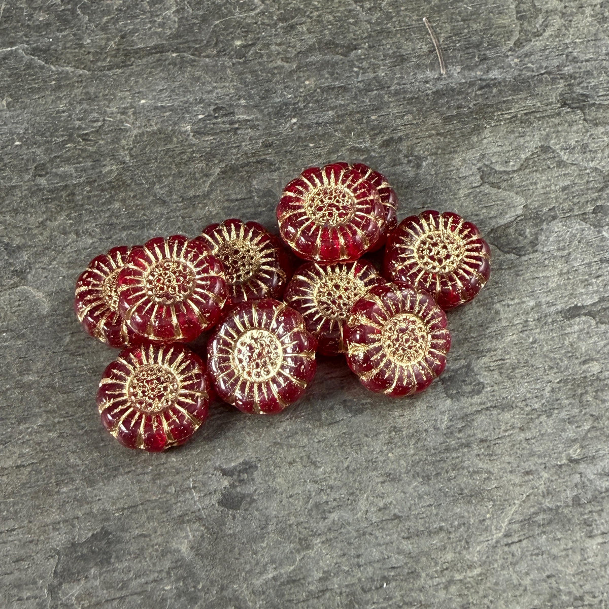 Czech Glass Beads - 13mm Sunflower Bead, Ruby Red with Gold Wash (SFW/N-0876) * Qty. 10