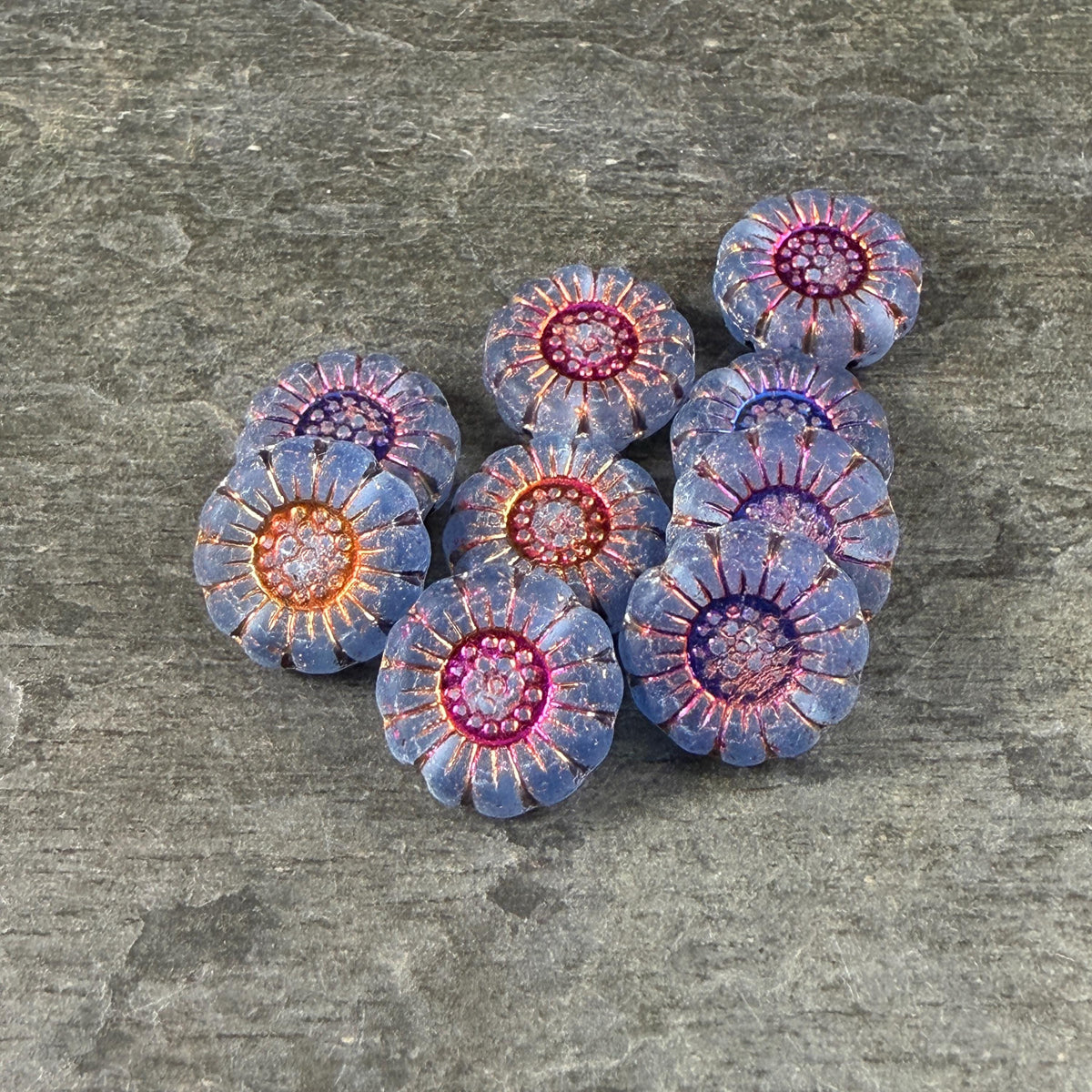 Czech Glass Beads - 13mm Sunflower Bead, Matte Sapphire with Volcano Wash (SFW/N-1273) * Qty. 10