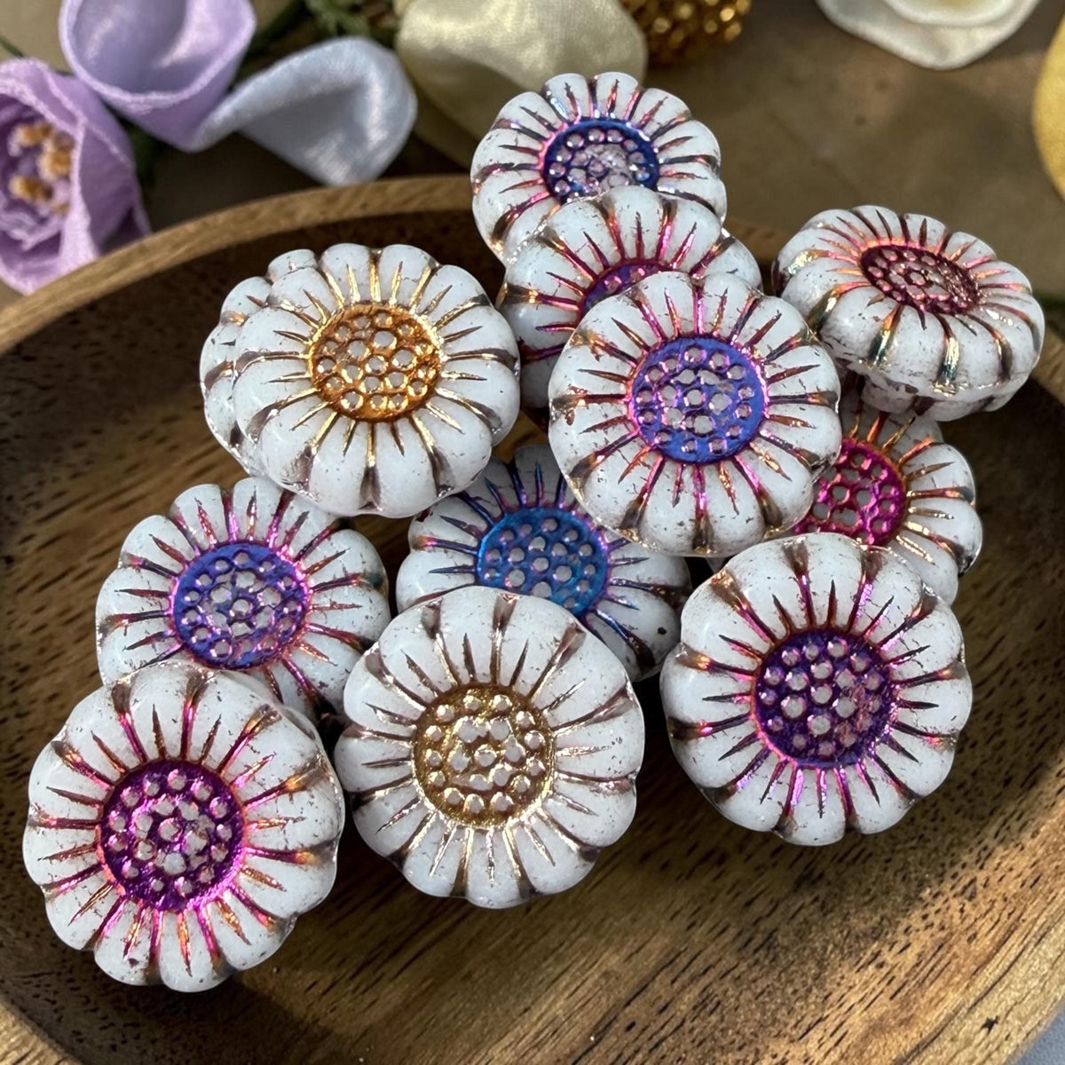 Czech Glass Beads - 13mm Sunflower Bead, Opaque White with Volcano Wash (SFW/N-0906) * Qty. 10