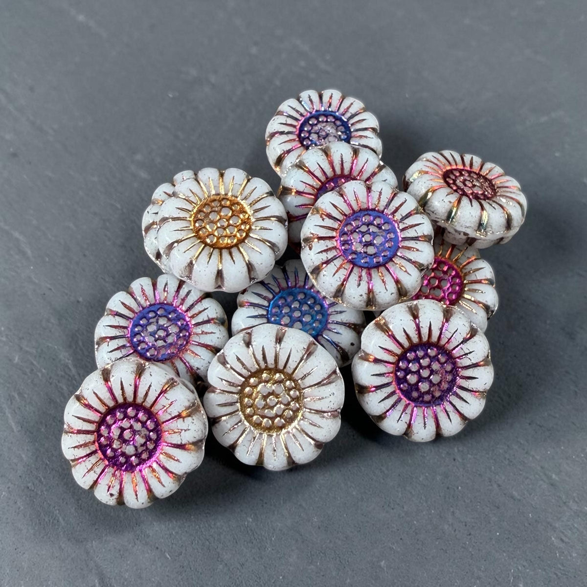 Czech Glass Beads - 13mm Sunflower Bead, Opaque White with Volcano Wash (SFW/N-0906) * Qty. 10