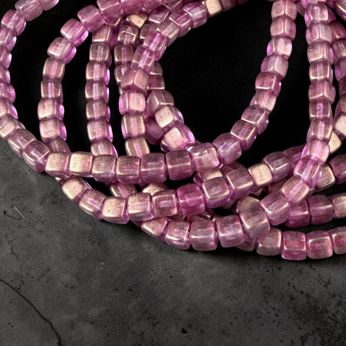 Czech Glass Beads - 4mm Cube Beads, Pink and Bronze Metallic Finish (CUB/N-0097) * Qty. 40