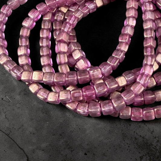 Czech Glass Beads - 4mm Cube Beads, Pink and Bronze Metallic Finish (CUB/N-0097) * Qty. 40