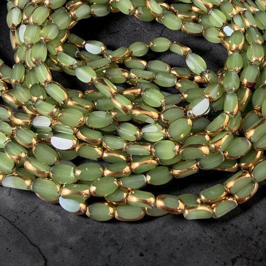 Electroplated Glass Beads - 7x4.5mm Faceted Oval, Milky Peridot Green with Gold Finish (A01-02A) * Qty. 50 Beads