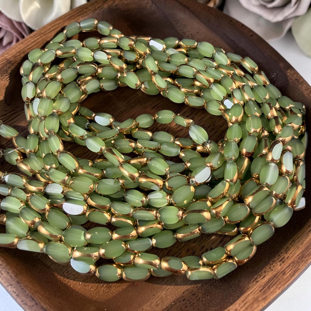 Electroplated Glass Beads - 7x4.5mm Faceted Oval, Milky Peridot Green with Gold Finish (A01-02A) * Qty. 50 Beads