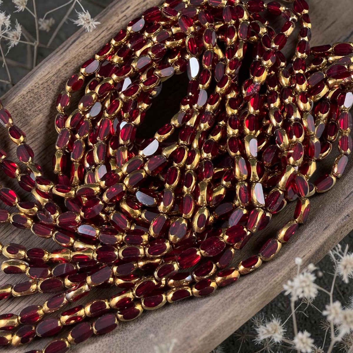Electroplated Glass Beads - 7x4.5mm Faceted Oval, Transparent Red with Gold Finish (A01-02G) * Qty. 50 Beads