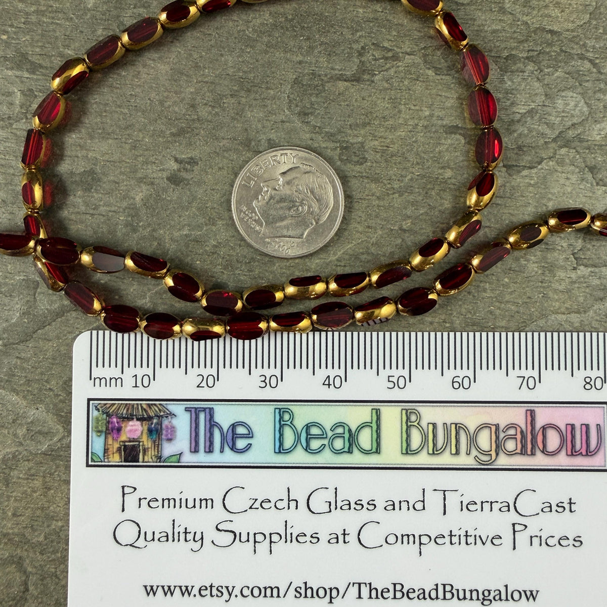 Electroplated Glass Beads - 7x4.5mm Faceted Oval, Transparent Red with Gold Finish (A01-02G) * Qty. 50 Beads