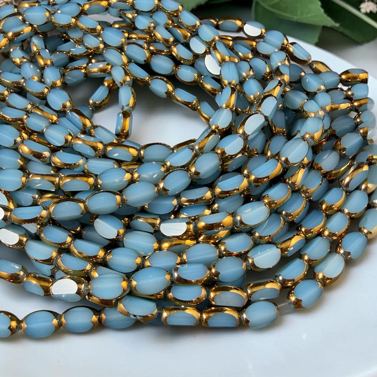 Electroplated Glass Beads - 7x4.5mm Faceted Oval, Opaque Cornflower Blue with Gold Finish (02B-02) * Qty. 50 Beads