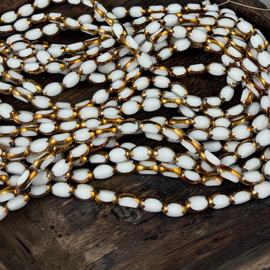Electroplated Glass Beads - 7x4.5mm Faceted Oval, Opaque White with Gold Finish (02A-07) * Qty. 50 Beads