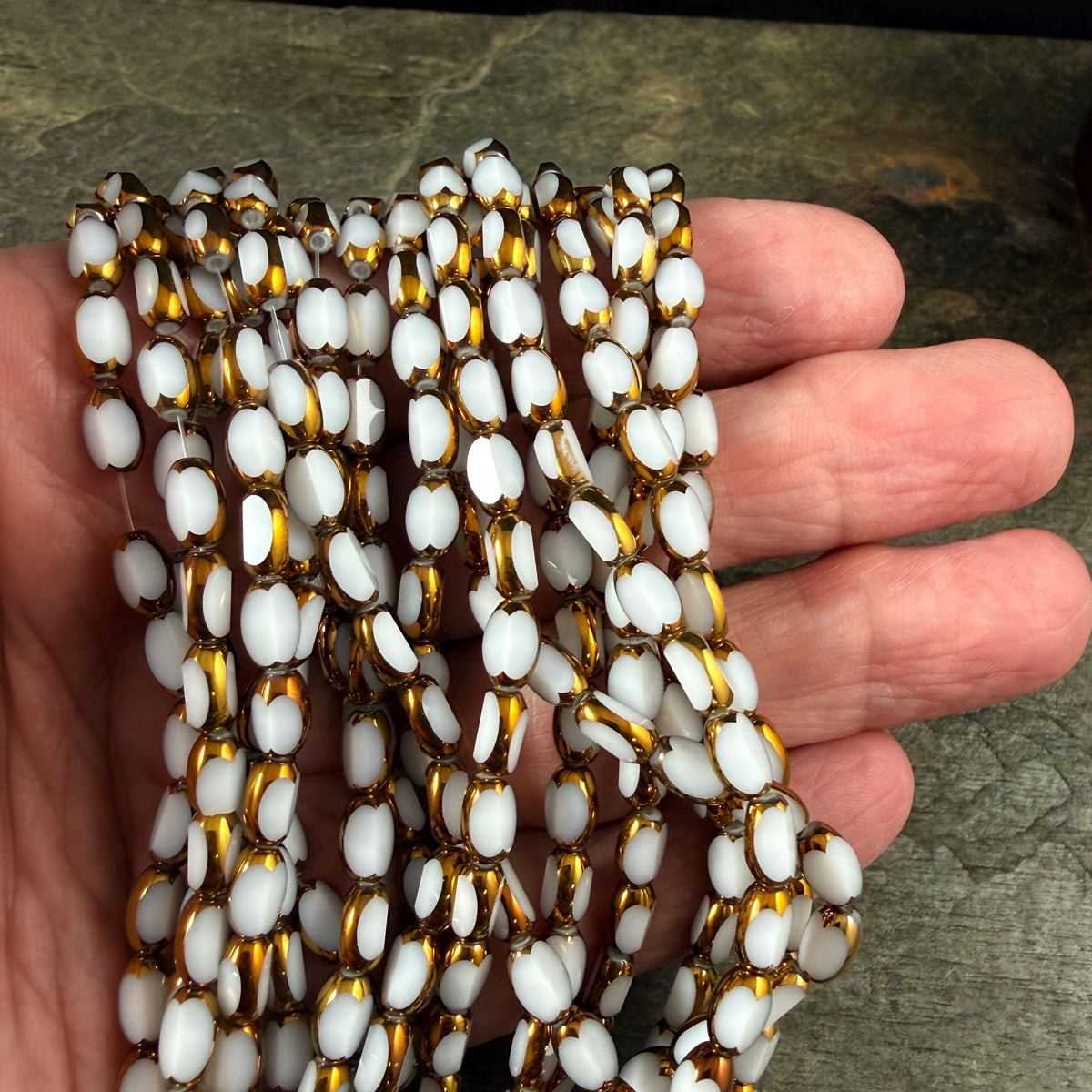 Electroplated Glass Beads - 7x4.5mm Faceted Oval, Opaque White with Gold Finish (02A-07) * Qty. 50 Beads