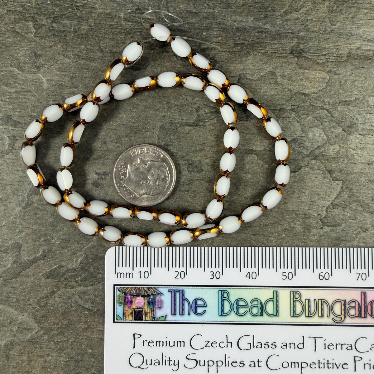 Electroplated Glass Beads - 7x4.5mm Faceted Oval, Opaque White with Gold Finish (02A-07) * Qty. 50 Beads