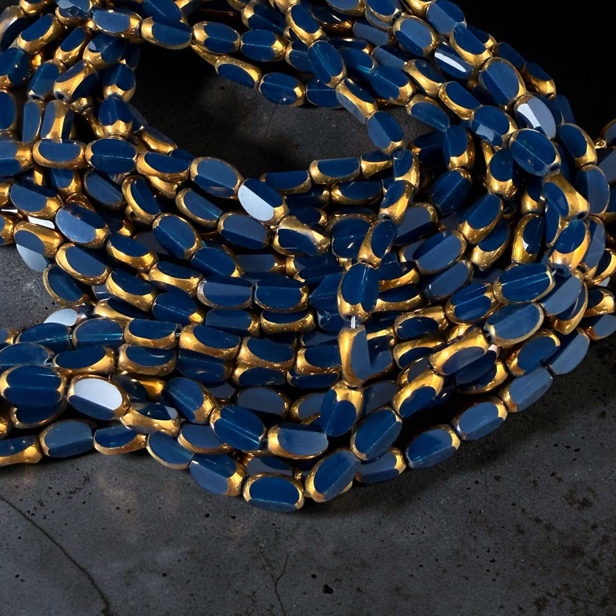 Electroplated Glass Beads - 7x4.5mm Faceted Oval, Opaque Navy Blue with Gold Finish (02A-09) * Qty. 50 Beads