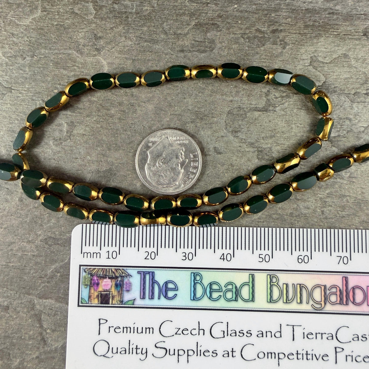 Electroplated Glass Beads - 7x4.5mm Faceted Oval, Opaque Evergreen with Gold Finish (02A-02) * Qty. 50 Beads