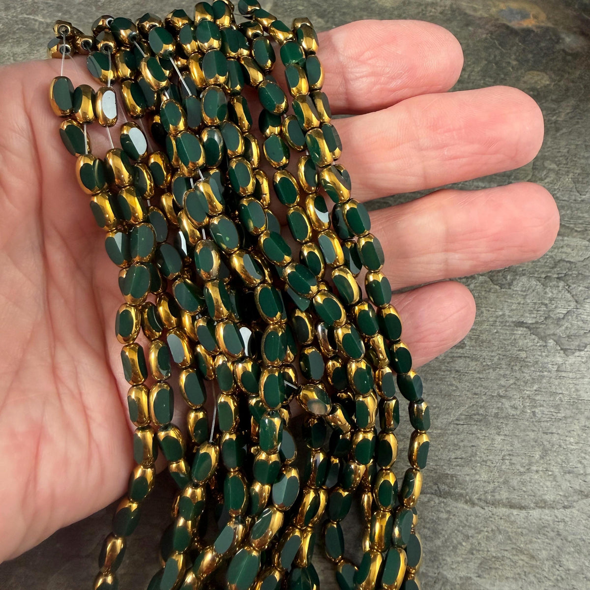 Electroplated Glass Beads - 7x4.5mm Faceted Oval, Opaque Evergreen with Gold Finish (02A-02) * Qty. 50 Beads