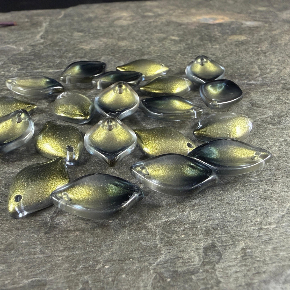 Black and Gold Glass Petal or Leaf Bead, 19x13mm Concave Oval (COL-102) * 10 Beads